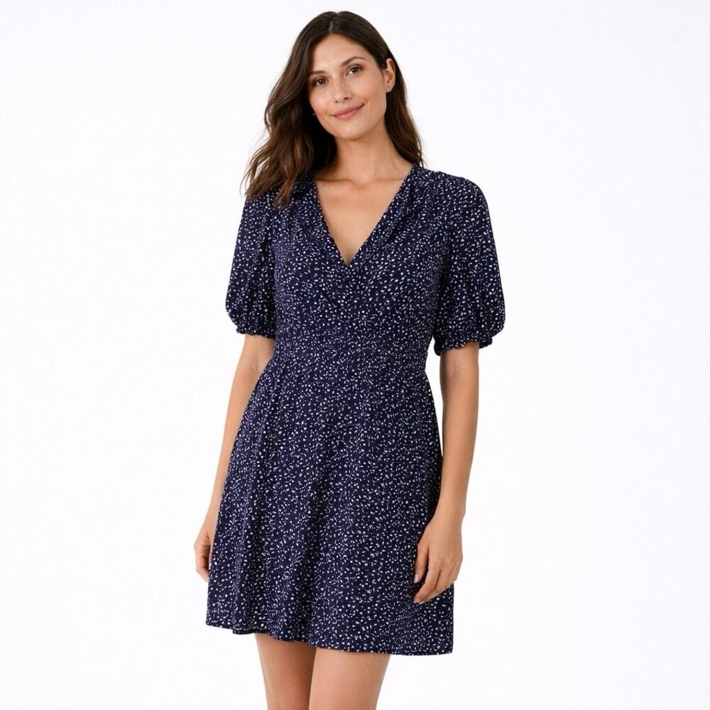 GAP Navy Speckled Puff Sleeve Tiered Mini Dress M V Front Cottagecore